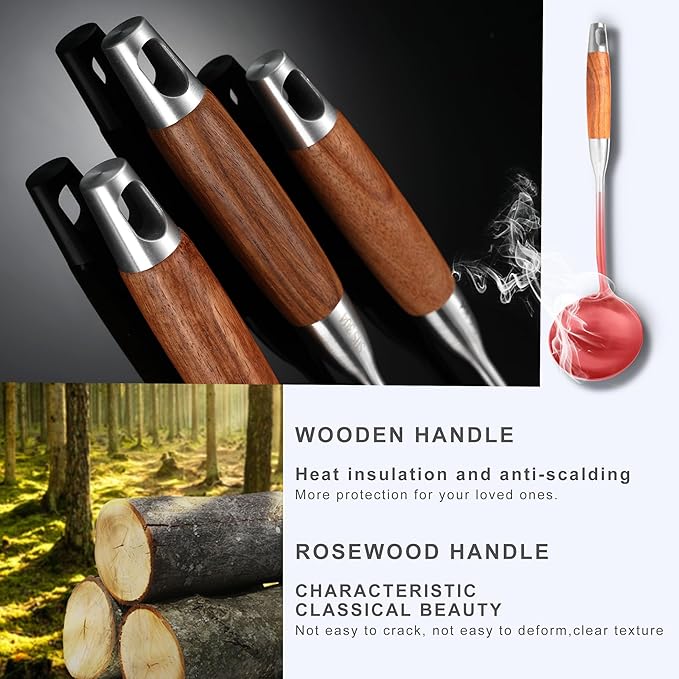 18/10 Stainless Steel Cooking Utensils with Wooden Handle, 6 PCS Stainless Steel Kitchen Utensils 12.5"-14", Wok Spatula, Ladle, Skimmer, Slotted Spatula Turner, Spaghetti Spoon, Large Spoon