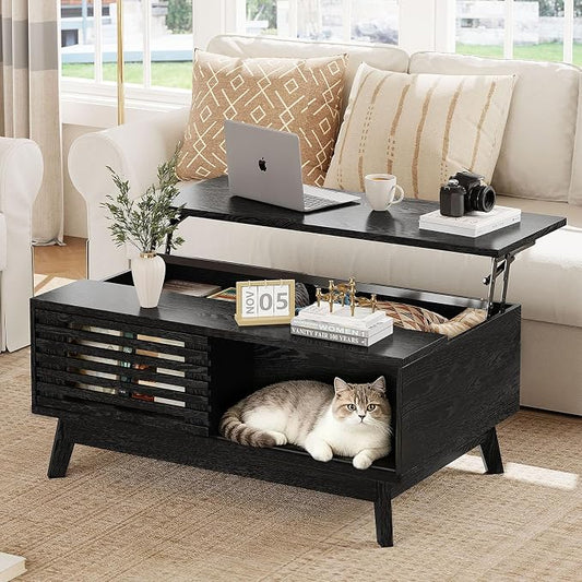 HAIOOU Lift Top Coffee Table, Mid Century Modern Coffee Table with Hidden Storage for Living Room, 35.4" Lift Tabletop Coffee Tables with Sliding Fence Door for Dining Working (Black)