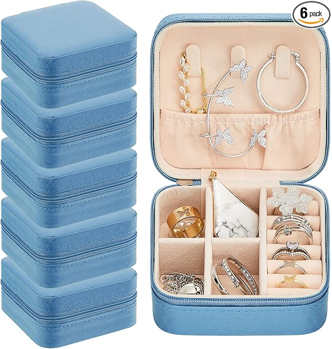 Taiyin 6 Pcs Travel Jewelry Case Box Bridesmaid Gifts Bulk Travel Jewelry Cases Boxes Small Jewels Organizers Mini Accessories Ornaments Storage for Women Girls Wedding Gifts (Blue)