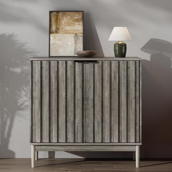 Fluted Cabinet with Storage, Buffet Cabinet Sideborad with 2 Doors, Grey Buffet Storage Accent Cabinets with Adjustable Shelves for Living Room, Entry, Hallway, Kitchen