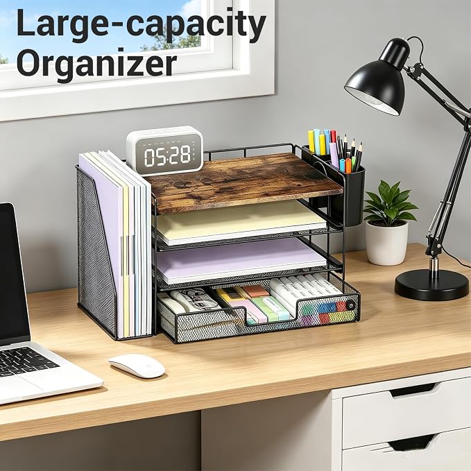 OPNICE Wood Desk Organizers and Accessories, 4-Tier Desktop File Organizer with Drawer and 2 Pen Holders, Office Desk Accessories Workspace Organizers for Office Supplies(Wood)
