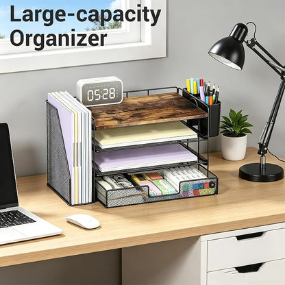 OPNICE Wood Desk Organizers and Accessories, 4-Tier Desktop File Organizer with Drawer and 2 Pen Holders, Office Desk Accessories Workspace Organizers for Office Supplies(Wood)