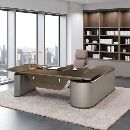 78.7" Reversible L-Shaped Adjustable Height Executive Desk with Oval Storage Cabinet - Black/Brown Standing Desk, Rounded Corners, 3 Drawers & 2 Door Compartments, Flexible Home & Office Workstation