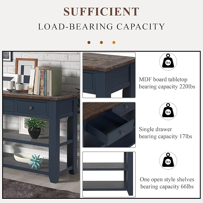 LKTART Solid Wood Console Table Sofa Table with Storage Drawers and Bottom Shelf Entryway Table for Entry Hallway Foyer Sofa Couch Table Easy Assembled (48.8" Blue)