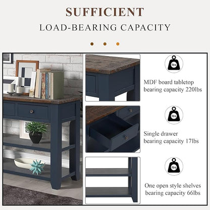 LKTART Solid Wood Console Table Sofa Table with Storage Drawers and Bottom Shelf Entryway Table for Entry Hallway Foyer Sofa Couch Table Easy Assembled (48.8" Blue)