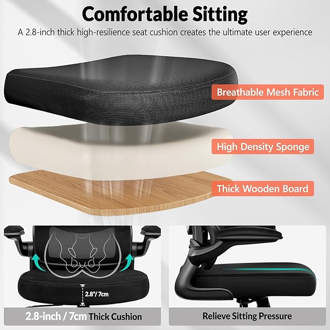 Office Chair Ergonomic Desk Chair, Breathable Mesh Comfy Chair with Lumbar Support, Computer Chair, Home Desk Chair with Flip-up Armrests, Gaming Chair for Adults Home Office (Black,10Pack)