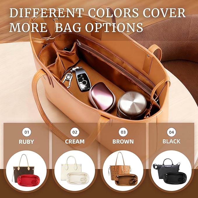 Purse Organizer Insert, Satin Tote Bag Organizer with 8 Sizes, Handbag Dividers for Inside Purse, Compatible with Longchamp, Neverful, 25C Hobo and More Bags（Large,Brown）
