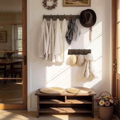 WEBI Rustic Coat Rack Wall Mount,5 Cast Iron Coat Hooks Wall Mounted,Heavy Duty Wood Wall Coat Hanger Hooks for Hanging Coats,Jacket,Clothes,Backpack,Farmhouse,Weathered Brown,2 Packs