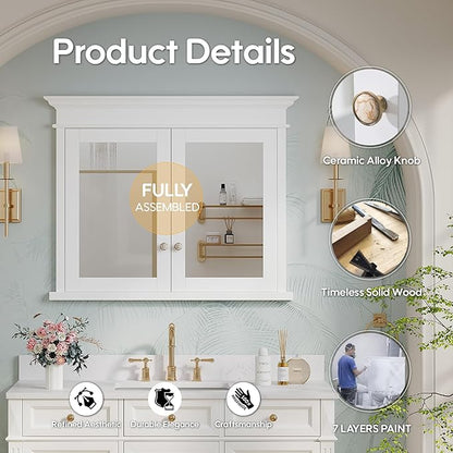 WELLFOR40 x 32" Bathroom Medicine Cabinet with 3-Tier Adjustable Shelves, Recessed Solid Wood Medicine Cabinet with Mirrors, Wood Miiror Cabinet with 2 Soft-Close Door and Open/Built-in 6 Shelves