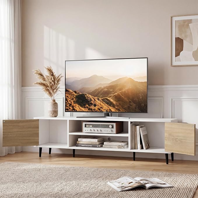 JUMMICO Mid-Century Modern TV Stand for 65-70 Inch TVs, 63 Inch Media Console with Storage, Entertainment Center with Push-Open Cabinets and Cable Management for Living Room (Oak, 63 Inches)