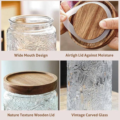 24 OZ Airtight Glass Storage Jar with Bamboo Lid - Vintage Glass Jar Vintage Food Containers Canisters Set for Kitchen Counter & Pantry - Ideal for Sugar, Flour, Coffee, Tea, Candy, Oats, Cereal