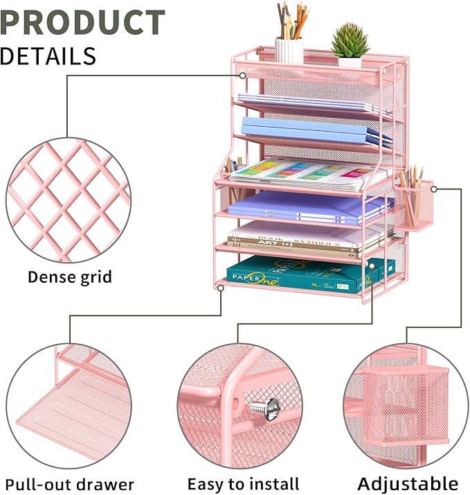 7 Tier Desk File Organizer,Metal Document Holder with Adjustable Shelves, Pull-Out Drawer & Removable Pen Holder for Office Organization,Pink