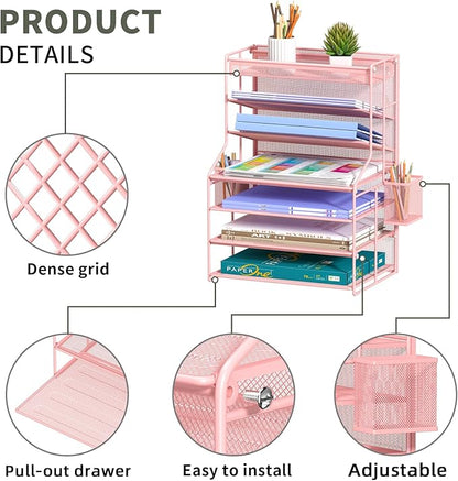 7 Tier Desk File Organizer,Metal Document Holder with Adjustable Shelves, Pull-Out Drawer & Removable Pen Holder for Office Organization,Pink