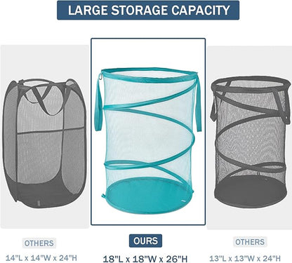 Seiritex Mesh Popup Laundry Hamper 115L Collapsible Laundry Basket No Lid Extra Large Capacity Foldable Clothing Storage Basket with Handles 26 H x 18 W x 18 L (Turquoise Blue)