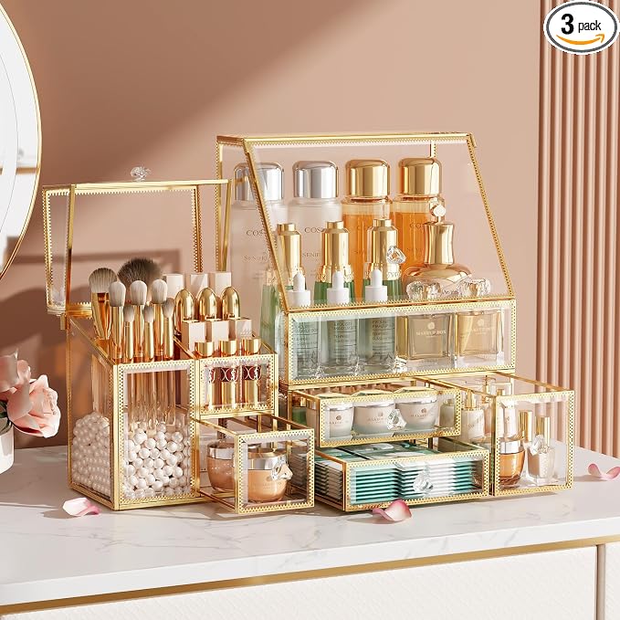 CoralHouse Makeup Organizer with Lid, 3-Piece Clear Glass Vanity Organizer with Gold Frame, Cosmetic Display Case for Perfume, Skincare, Lipsticks, Brushes and Bathroom Countertop
