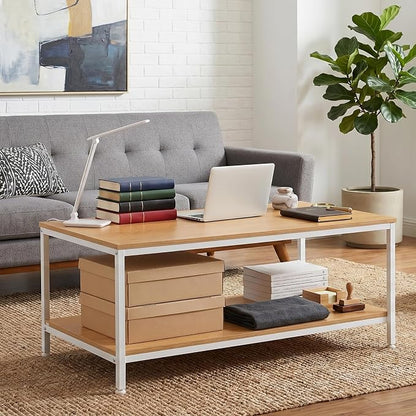 SUPER DEAL 2-Tier Coffee Table with Storage Shelf for Small Apartment Living Room, Rectangle Wood and Stable Metal TV Stand Side End Table, Natural Wood