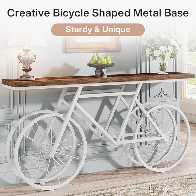 Tribesigns 70.9-Inch Extra Long Console Table, Narrow Sofa Table with Bicycle Metal Base, Modern Industrial Entryway Table for Living Room, Hallway, Entrance, Foyer, Rustic Brown & White