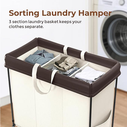 Mefirt 320L Laundry Hamper with Wheels, 3 Section Large Rolling Laundry Basket Bag with Wheels, Clothes Hamper Cart for Laundry, Bedroom, Bathroom and Dorm