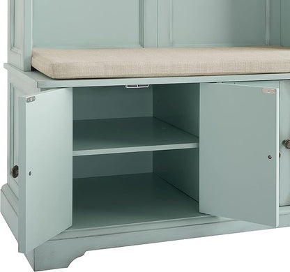 Crosley Furniture Holbrook Hall Tree with Shoe Rack Bench and Coat Hooks for Hanging Storage, Distressed Seafoam Blue