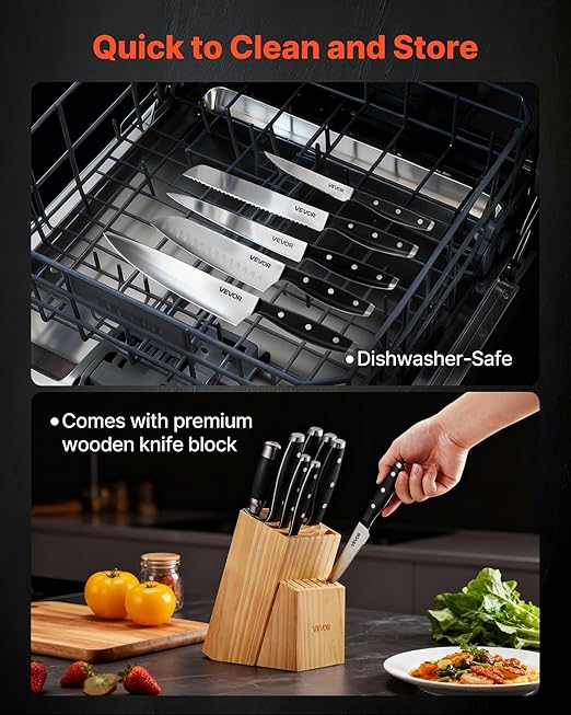 VEVOR Kitchen Knife Set with Block and Sharpener, 15 Piece High Carbon Stainless Steel Sharp Knife Set, Kitchen Cutlery with Ergonomic Handle, Sharpening Rod and Premium Wooden Block, for Home Cooks