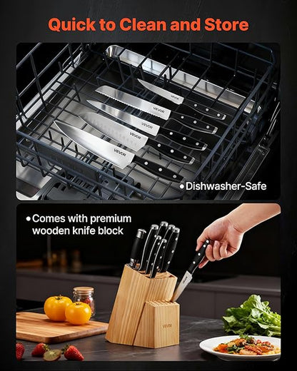 VEVOR Kitchen Knife Set with Block and Sharpener, 15 Piece High Carbon Stainless Steel Sharp Knife Set, Kitchen Cutlery with Ergonomic Handle, Sharpening Rod and Premium Wooden Block, for Home Cooks