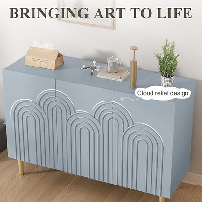 ARTPOWER 47" Accent Cabinet with Cloud Relief, Sideboard Buffet Cabinet with 3 Doors, Modern Decorative Credenza with Storage for Living Room, Kitchen, Dining Room, Hallway, Entryway, Blue