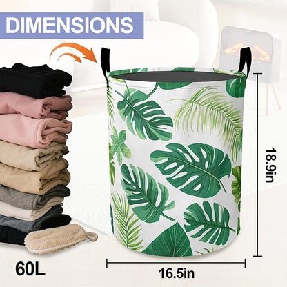 Tropical Palm Leaves Laundry Hamper Large Canvas Fabric Lightweight Storage Basket/Dirty Clothes Collapsible Waterproof for College Dorms, Boys and Girls Bedroom,Bathroom