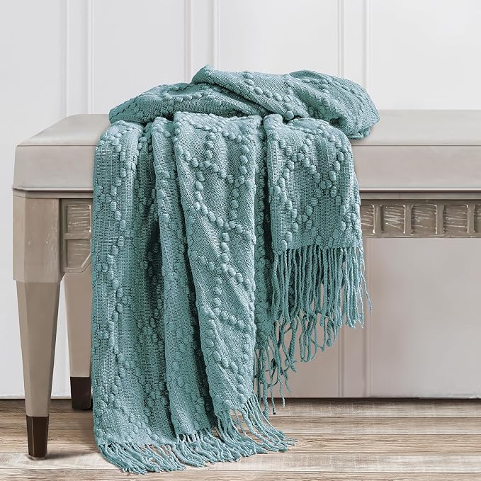 BOURINA Blue Throw Blanket 50 x70 Inches Jacquard Argyle Throw Textured Solid Soft Throws and Blankets for Sofa or Bed Knitted Decorative Blanket