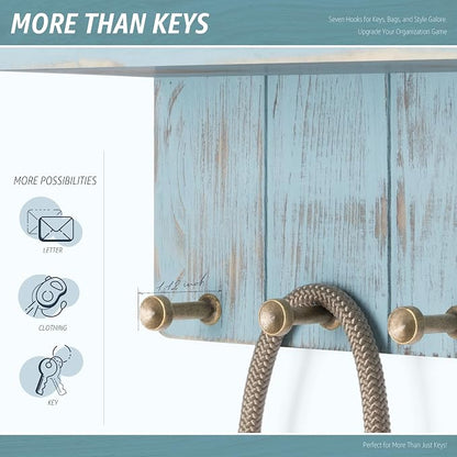 Rebee Vision Key Holder Wall Mount for Boho Decor - Key and Mail Holder for Wall with 7 Sturdy Key Hooks and Floating Shelf - Room Decor Aesthetic (Distressed Blue)