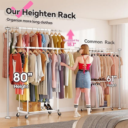 SUFAUY Double Rod 80" Tall Rolling Clothing Garment Rack for Hanging Dresses Clothes, with Caseter Wheels & Adjustable Rod & Shelves, White