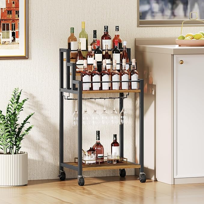 Bar Cart, 3 Tier Home Bar Serving Cart with Glass Holder, Versatile Display Wine Rack Trolley, for Living Room, Kitchen, Rustic Brown BC08BR