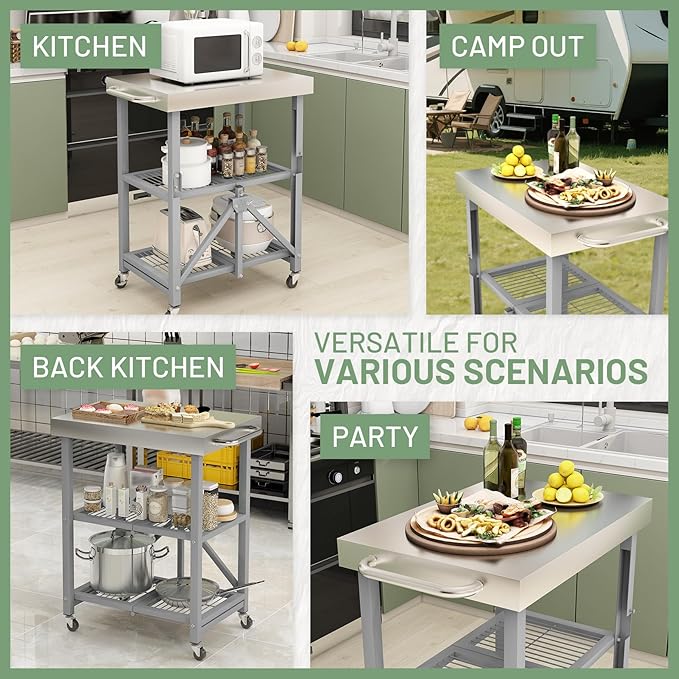 Hymula 3-Tier Stainless Steel Rolling Utility Cart, 300 LBS Capacity Heavy Duty Foldable Service Cart with Wheels for Kitchen, Garage, Restaurant, Warehouse & Outdoor Use