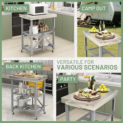 Hymula 3-Tier Stainless Steel Rolling Utility Cart, 300 LBS Capacity Heavy Duty Foldable Service Cart with Wheels for Kitchen, Garage, Restaurant, Warehouse & Outdoor Use