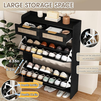 Rattan Shoe Storage Cabinet with 2 Flip Drawers & 2 Drawers, Freestanding Organizer for Front Door Entrance, Hidden Narrow Shoe Rack Cabinet Storage for Entryway, Black