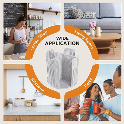 Rotating Paper Cup Dispenser, Cup Holder with 4 Compartments, Disposable Coffee Cup Dispenser Removable, Plastic Cup Storage & Lid Holder for Countertops, Kitchen, Coffee Stations (Gray)