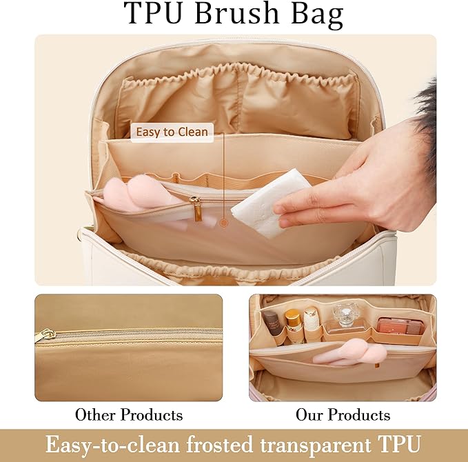 Valentines Day Gifts for Women Teen Girl, Personalized Initial Makeup Organizer Bag Set, Open Flat Travel Cosmetic Bag With Clear Divider and Handle(Large-Beige,K)