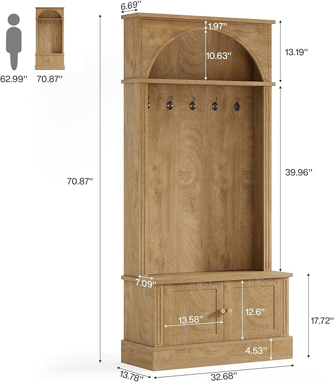 Tribesigns Hall Tree with Bench and Shoe Storage, 4-in-1 Design Entryway Bench with Coat Rack, 70.86" Tall Mudroom Rack with 5 Double Hooks and Adjustable Shelf for Hallway (Brown)