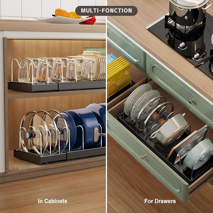 Magheo 2 Pack Expandable Food Storage Container Lid Organizers, 22" Pots and Pans Organizer Under Cabinet with 9 Adjustable Dividers Pot and Pan Lid Holders Rack Inside Cabinet(Black)
