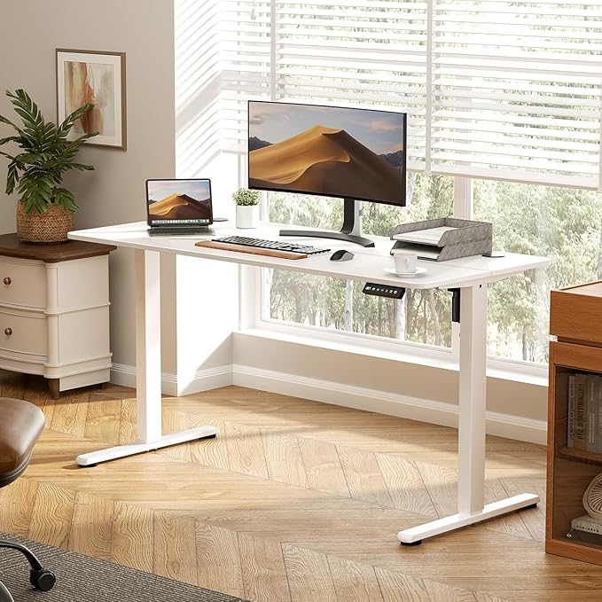 40" Electric Standing Desk Adjustable Height, Ergonomic Sit Stand Computer Desk for Home Office, Sturdy Motorized Workstation with Memory Controller & Timer, White