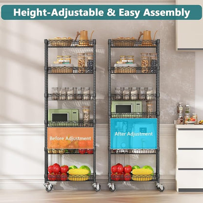Himimi 6 Tier Rolling Storage Cart, Metal Wire Basket Rack with Wheels, Adjustable Storage Shelves Organizer Shelf for Kitchen Pantry Garage Laundry Room Bathroom, 17" W X 12" D X 63" H, Black