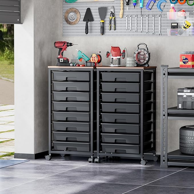 Rolling Storage Cart with Drawers,Utility Cart With 8 Drawers and Wooden Tabletop,Rolling Drawer Cart,Storage Drawer Cart for Living Room,Classroom,Bedroom,Bathroom,Dorm,Office, Black