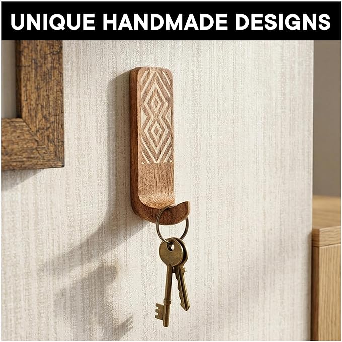 Indian Shelf Boho Decorative Wood Adhesive Wall Hooks for Hanging Coats, Keys, Leash, Hat, Towel Holder, Cute Sticky Key Holder, Brown White Western Wall Décor (3 Hook 6 Strips)