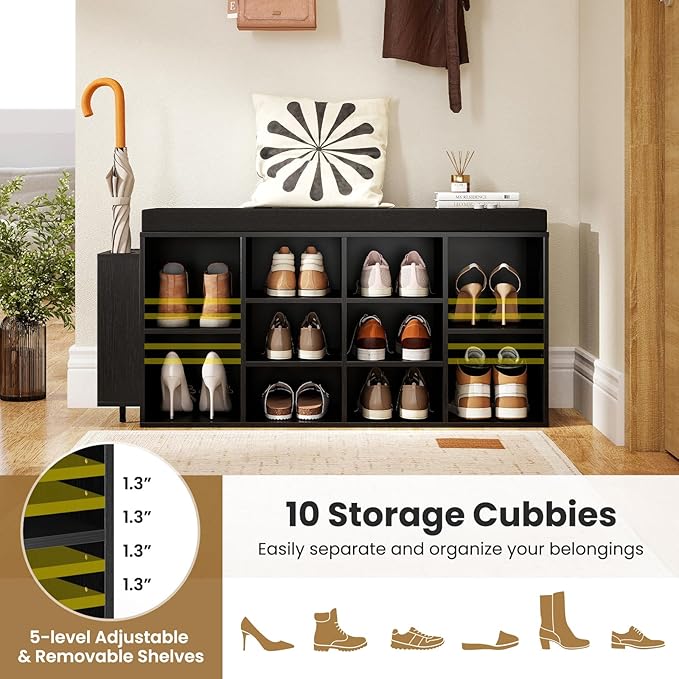 Giantex Shoe Storage Bench with Umbrella Stand, 10-Cubby Entryway Shoe Rack Organizer with Padded Seat, Adjustable & Removable Shelves for Hallway, Living Room & Bedroom (Black)