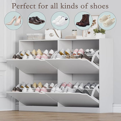 BORNOON Shoe Cabinet with 4 Flip Drawers, Narrow Hidden Shoe Storage Cabinet, Slim Freestanding Shoe Rack Organizer for Entryway, Hallway, Bedroom, Living Room