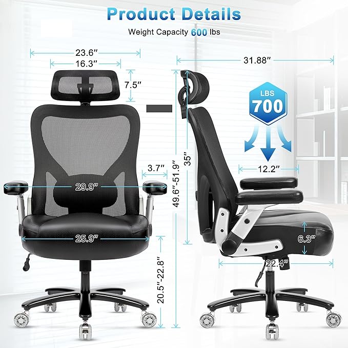 Big and Tall Office Chair 700lbs- Heavy Duty Executive Computer Chair with Rubber Wheels 3D Flip Arms, Ergonomic Mesh High Back Desk Chair, Extra Wide Seat Adjustable Lumbar Support & Headrest
