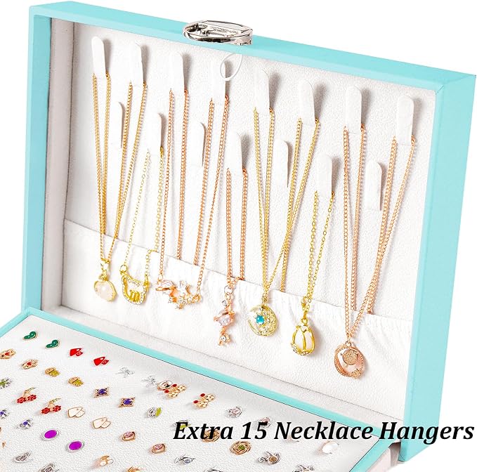 QBestry Earrings Jewelry Box for Girls, 5 Layers Jewelry Organizer with Earring Holder Organizer for Girls Earring Organizer Jewelry Boxes for Women Earrings and Necklaces Jewelry Box Organizer Teal