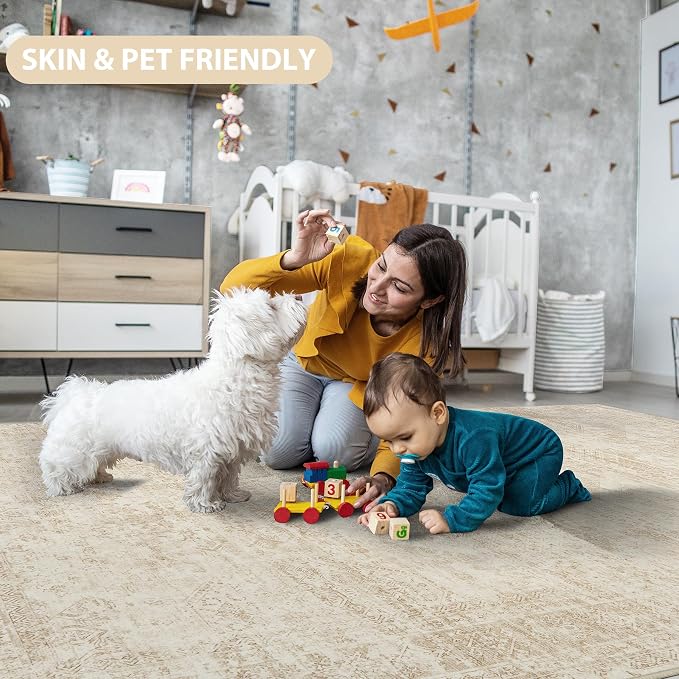 5x7 Area Rugs for Living Room Rug Washable: Abstract Rug for Dining Room Bedroom Carpet Non Slip 5 by 7 Indoor Modern Nursery Home Office Beige