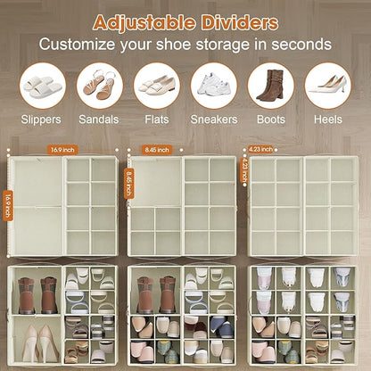 2 Pack Shoe Organizer for Closet,Foldable Shoe Storage Organizer with Adjustable Dividers, Shoe Storage Box with Clear Cover, Fits up to 16 Pairs, Beige