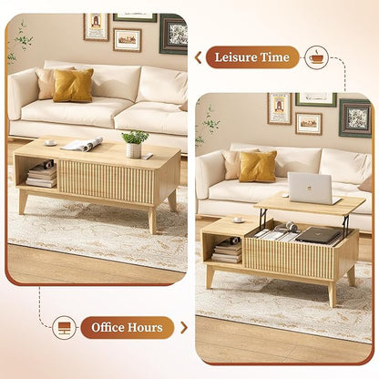LYNCOHOME Fluted Lift Top Coffee Table with Storage, Modern Coffee Table for Living Room, Home Office(Natural)