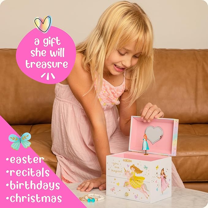 Musical Princess Jewelry Box for Girls - Kids Music Box with Spinning Princess, Princess Birthday Gifts for Little Girls, Jewelry Boxes, 6.8 x 5.3 x 6 in - Ages 3-10